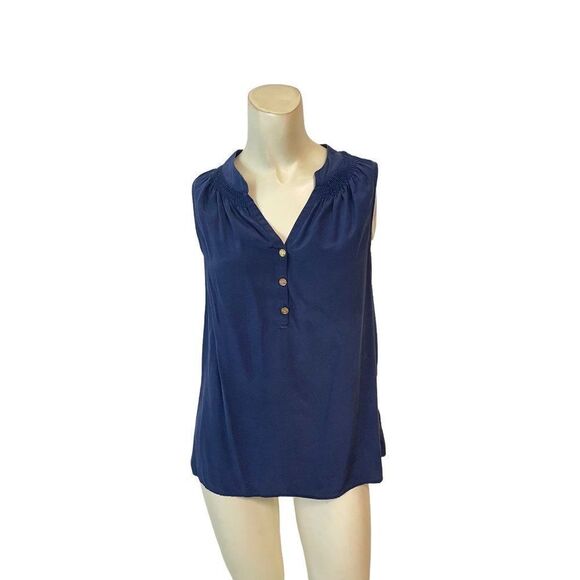 Lilly Pulitzer Houston Silk Blouse Top True Navy Gold Logo Buttons XS - Picture 1 of 3